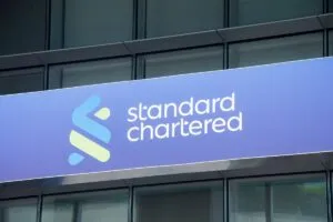 Standard Chartered sign located Marina Bay Financial Center, Sin